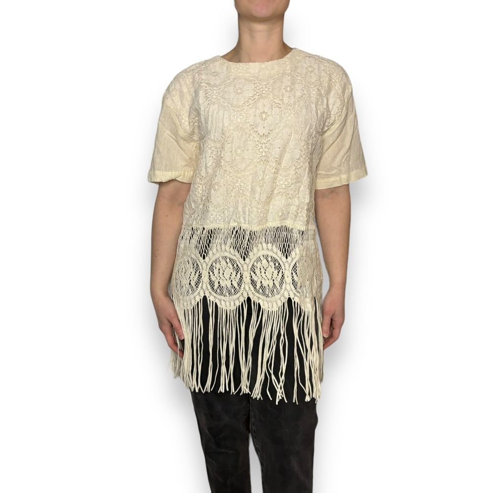 VTG Choon Womens Size 4 Lace Blouse Fringe Cream Festival 90s Flower Ivory Boho
